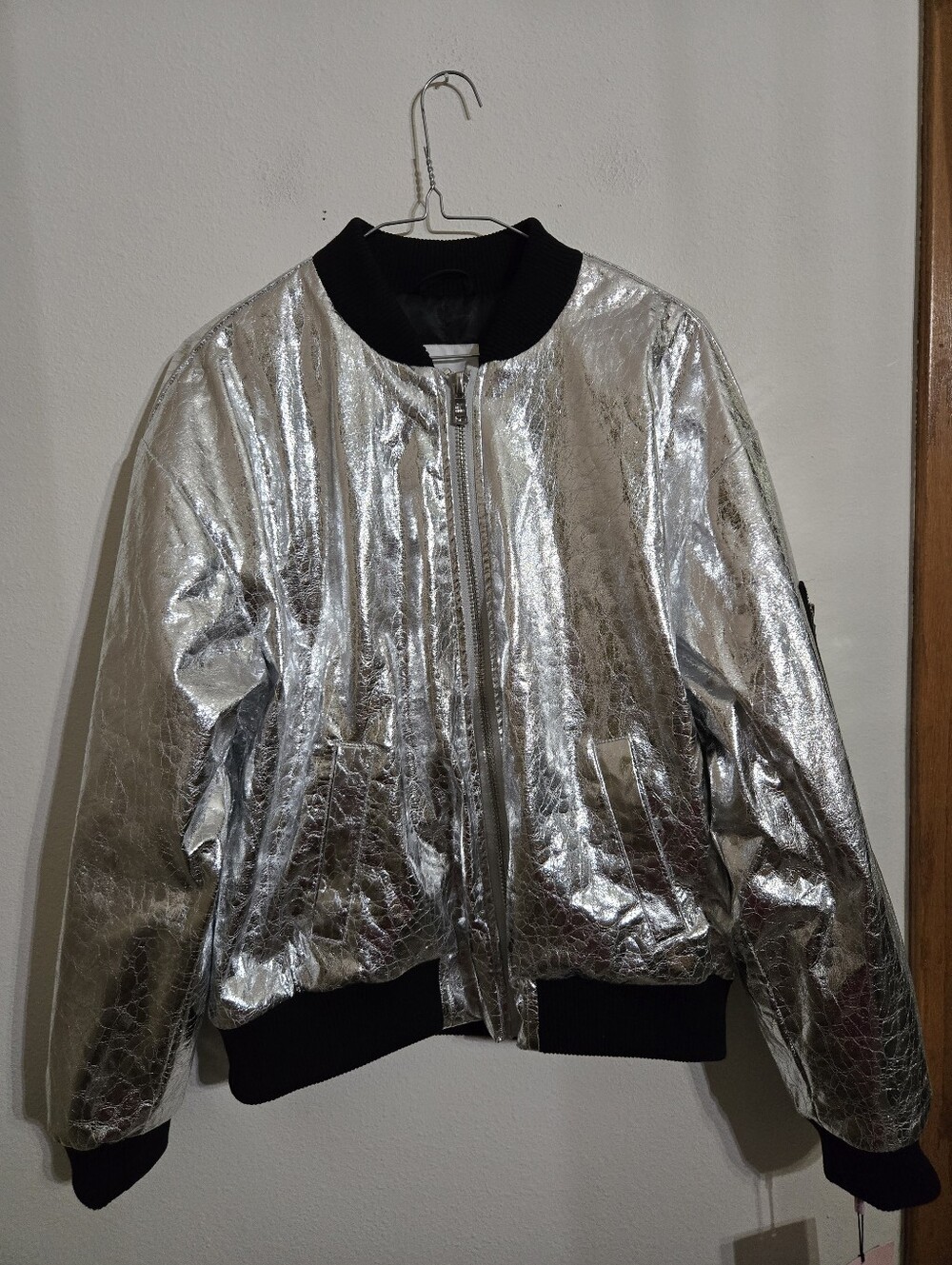Avec Les Filles Silver Metallic Bomber Jacket with Black Trim